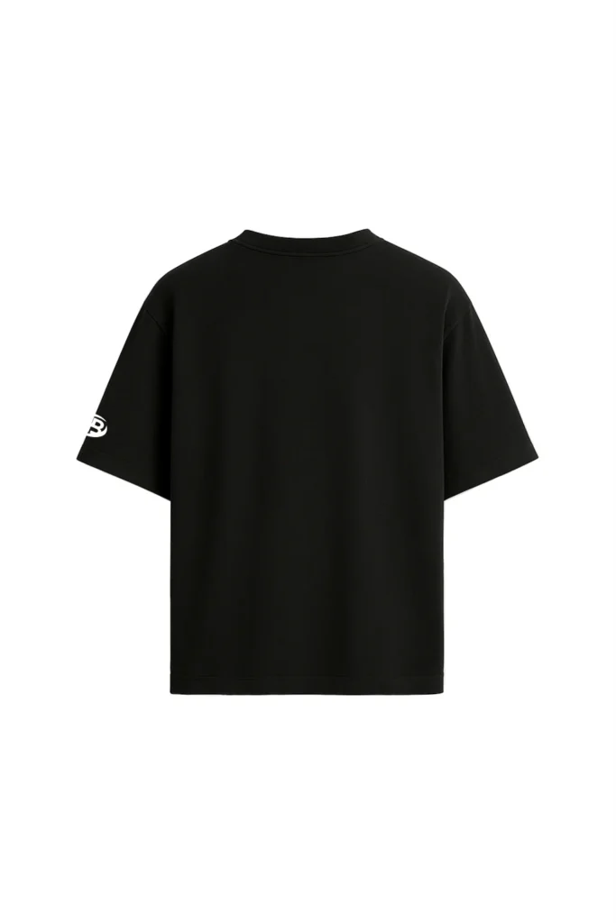 Back view of black oversized t-shirt with streetwear print