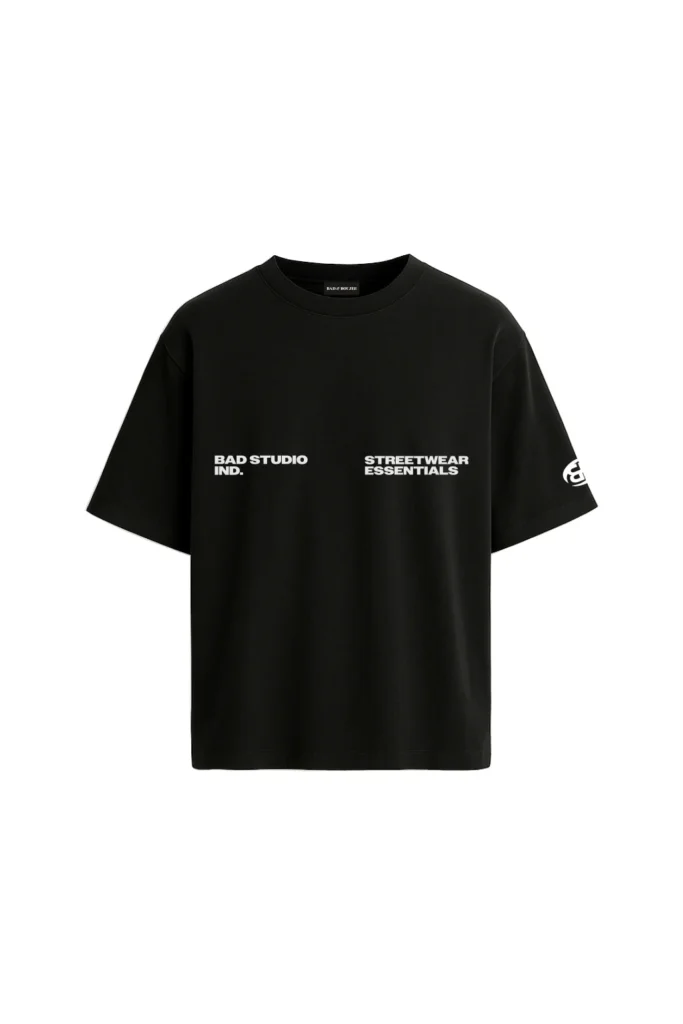 Black oversized t-shirt with streetwear essentials front print